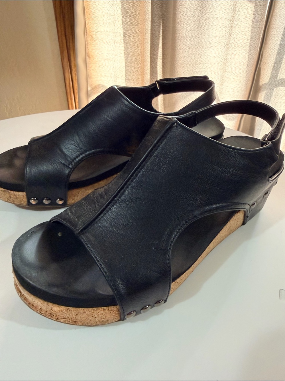 Corkys Black Leather Cork Wedge Sandals